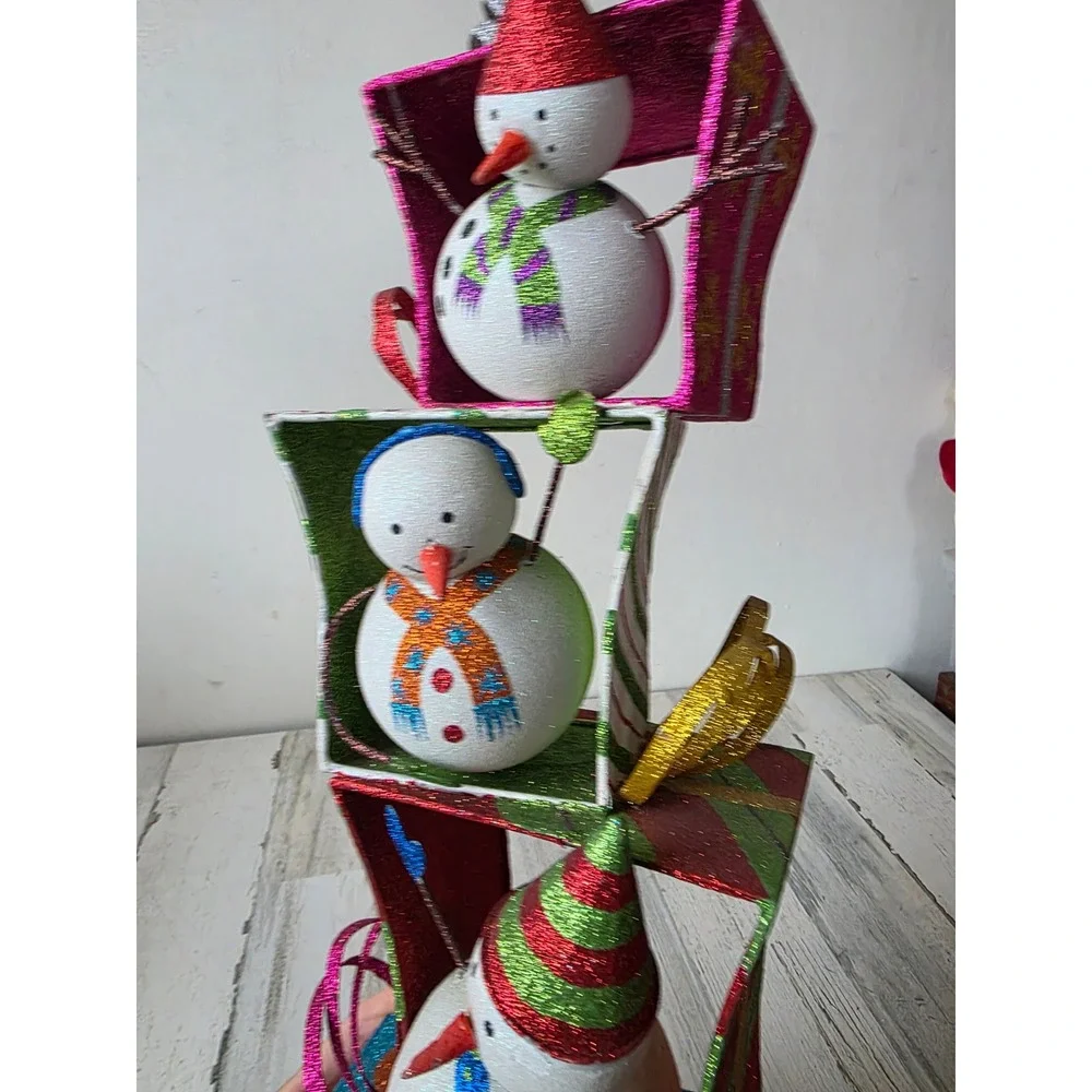 Vintage Pier 1 snowman totem glitter statue Xmas figurine presents rare